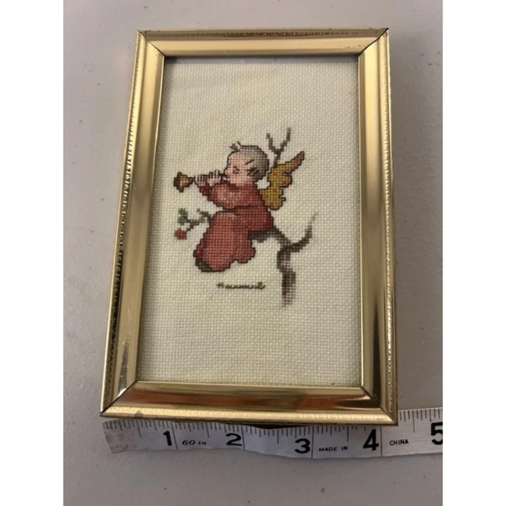 Vintage Hummel Style Framed Cross Stitch Set of 2 Angel & Child Sledding 4x6
